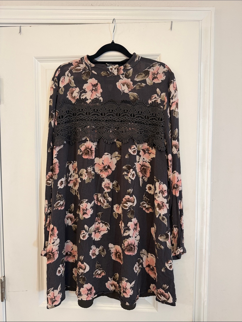 Blu Pepper Floral Crochet Yoke Tunic Dress with Pink Blooms